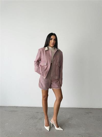 BALIKSIRTI KAŞE FERMUARLI CEKET KISA - Gül Kurusu