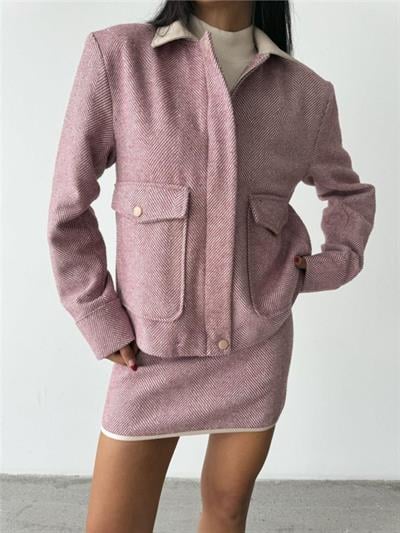 BALIKSIRTI KAŞE FERMUARLI CEKET KISA - Gül Kurusu