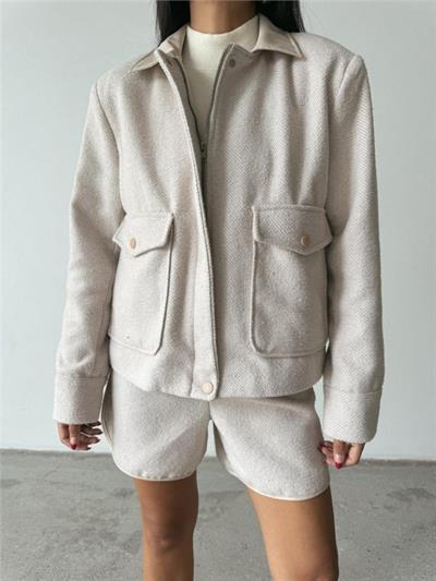 BALIKSIRTI KAŞE FERMUARLI CEKET KISA - Taş