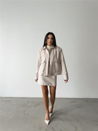 BALIKSIRTI KAŞE FERMUARLI CEKET KISA - Taş