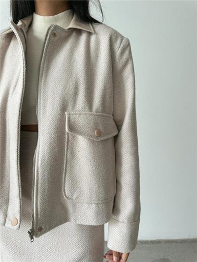 BALIKSIRTI KAŞE FERMUARLI CEKET KISA - Taş