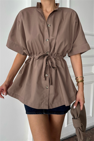 BEL BÜZGÜ DETAYLI POPLİN GÖMLEK - Kahverengi
