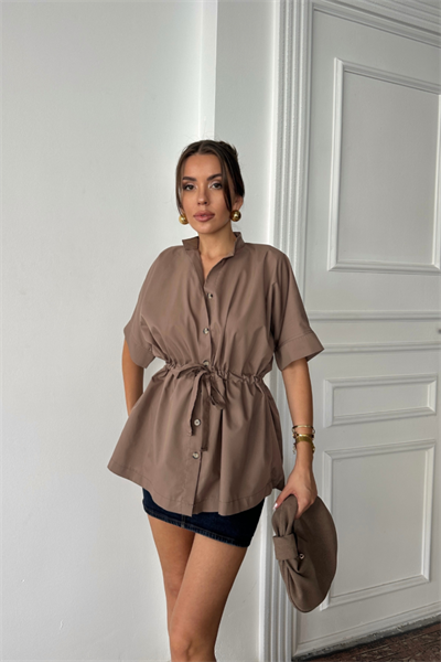 BEL BÜZGÜ DETAYLI POPLİN GÖMLEK - Kahverengi