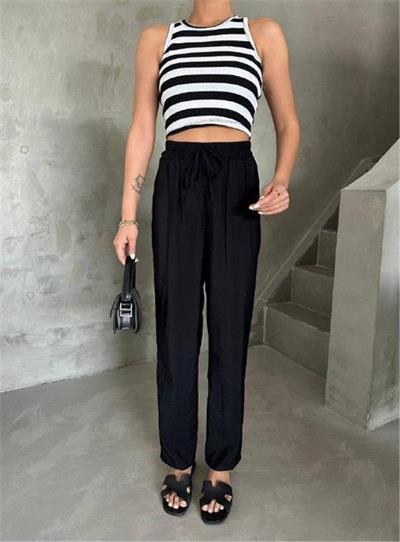 BEL LASTİK DETAYLI MODAL KUMAŞ PANTOLON - Siyah