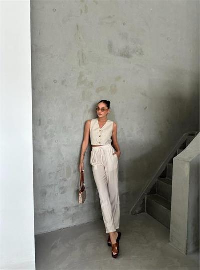 BEL LASTİK DETAYLI MODAL KUMAŞ PANTOLON - Bej