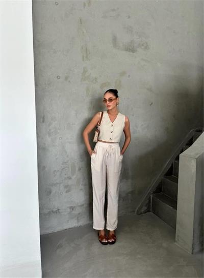 BEL LASTİK DETAYLI MODAL KUMAŞ PANTOLON - Bej