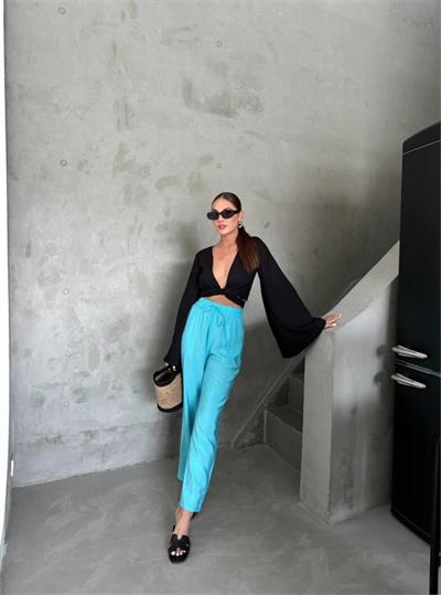 BEL LASTİK DETAYLI MODAL KUMAŞ PANTOLON - Mavi