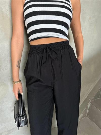 BEL LASTİK DETAYLI MODAL KUMAŞ PANTOLON - Siyah