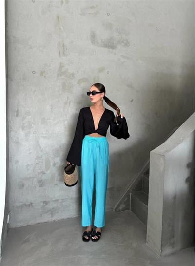 BEL LASTİK DETAYLI MODAL KUMAŞ PANTOLON - Mavi