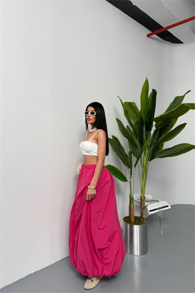 BEL LASTİKLİ BALON ETEK ŞANEL BOY SOFT KUMAŞ - Fuşya