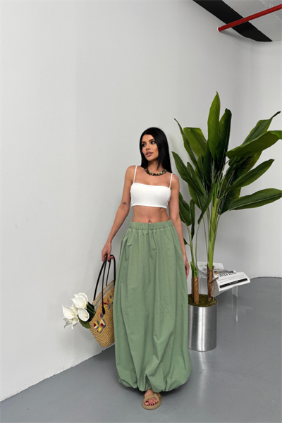 BEL LASTİKLİ BALON ETEK ŞANEL BOY SOFT KUMAŞ - Haki