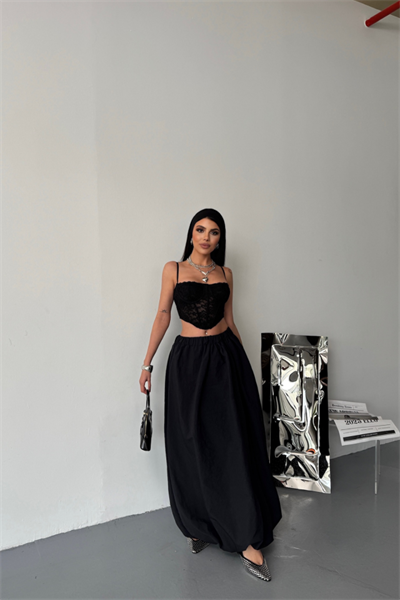 BEL LASTİKLİ BALON ETEK ŞANEL BOY SOFT KUMAŞ - Siyah