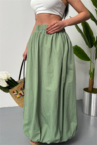 BEL LASTİKLİ BALON ETEK ŞANEL BOY SOFT KUMAŞ - Haki