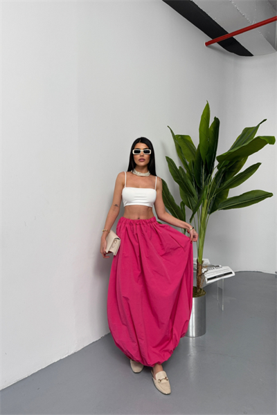 BEL LASTİKLİ BALON ETEK ŞANEL BOY SOFT KUMAŞ - Fuşya