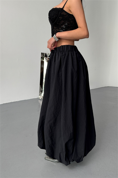 BEL LASTİKLİ BALON ETEK ŞANEL BOY SOFT KUMAŞ - Siyah