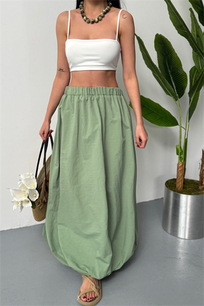 BEL LASTİKLİ BALON ETEK ŞANEL BOY SOFT KUMAŞ - Haki