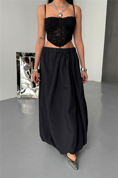 BEL LASTİKLİ BALON ETEK ŞANEL BOY SOFT KUMAŞ - Siyah