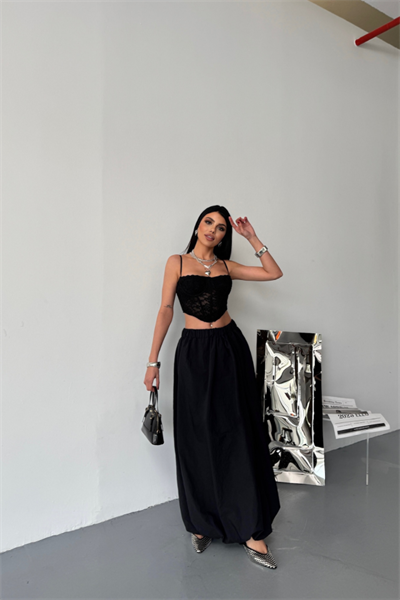 BEL LASTİKLİ BALON ETEK ŞANEL BOY SOFT KUMAŞ - Siyah