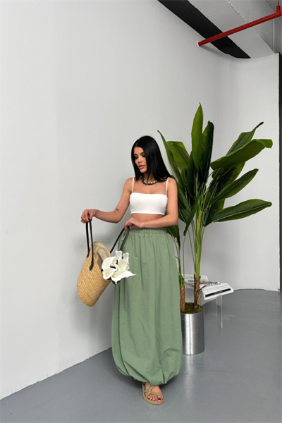 BEL LASTİKLİ BALON ETEK ŞANEL BOY SOFT KUMAŞ - Haki