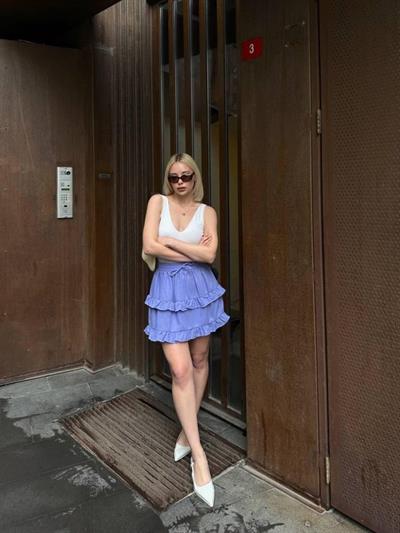 BEL LASTİKLİ KAT FIRFIR DETAYLI KISA ETEK - Mavi