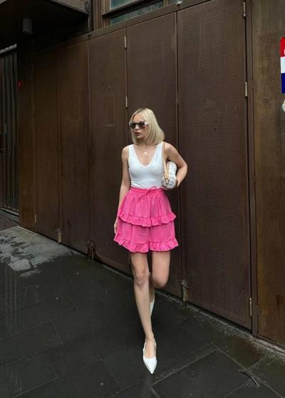 BEL LASTİKLİ KAT FIRFIR DETAYLI KISA ETEK - Pembe