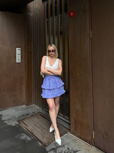 BEL LASTİKLİ KAT FIRFIR DETAYLI KISA ETEK - Lila