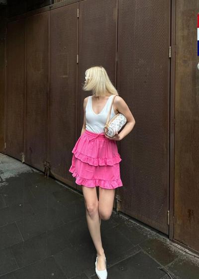 BEL LASTİKLİ KAT FIRFIR DETAYLI KISA ETEK - Pembe