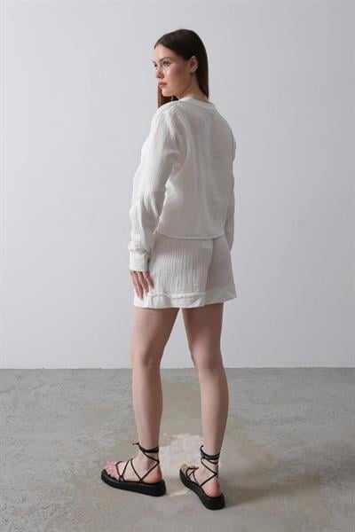 BELİ LASTİKLİ PÜSKÜLLÜ ŞORT - Beyaz