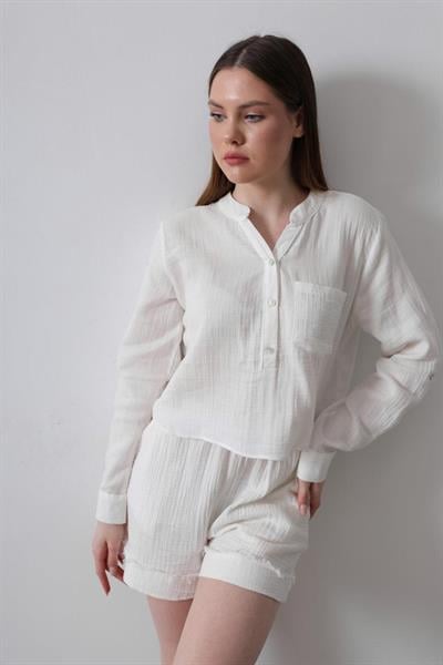 BELİ LASTİKLİ PÜSKÜLLÜ ŞORT - Beyaz