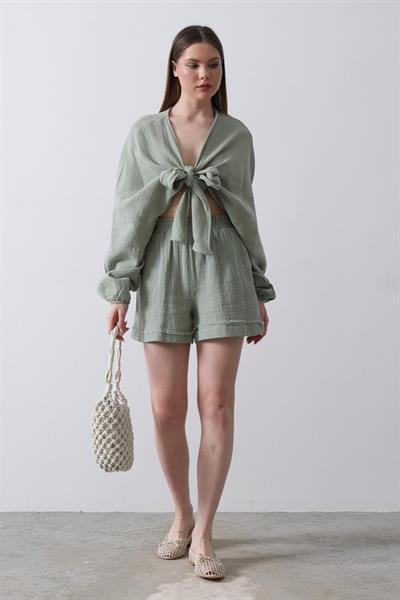 BELİ LASTİKLİ PÜSKÜLLÜ ŞORT - Haki