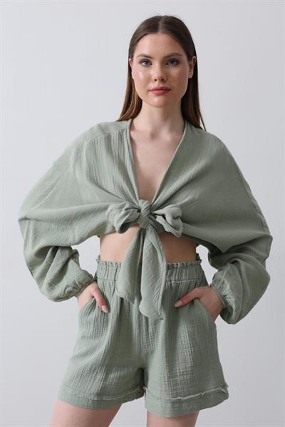 BELİ LASTİKLİ PÜSKÜLLÜ ŞORT - Haki