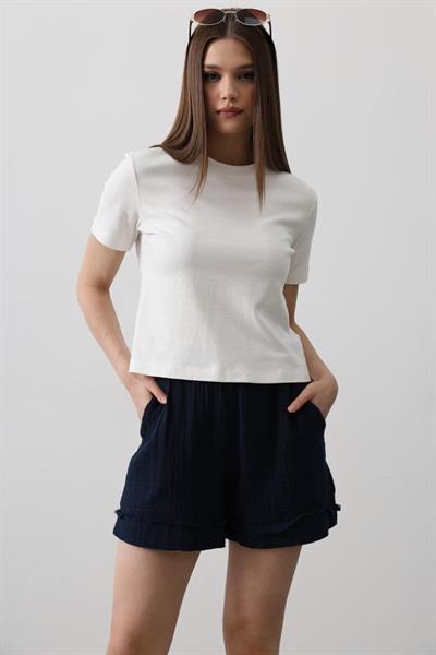 BELİ LASTİKLİ PÜSKÜLLÜ ŞORT - Lacivert