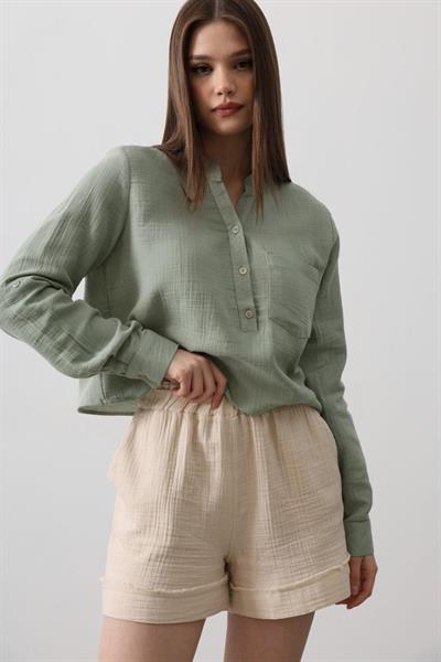 BELİ LASTİKLİ PÜSKÜLLÜ ŞORT - Taş