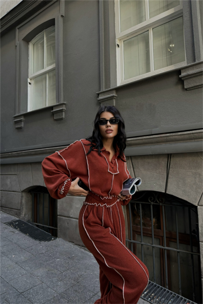 BİYELİ BLUZ PANTOLON TAKIM ŞÖNİL KUMAŞ - Kiremit