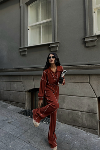 BİYELİ BLUZ PANTOLON TAKIM ŞÖNİL KUMAŞ - Kiremit