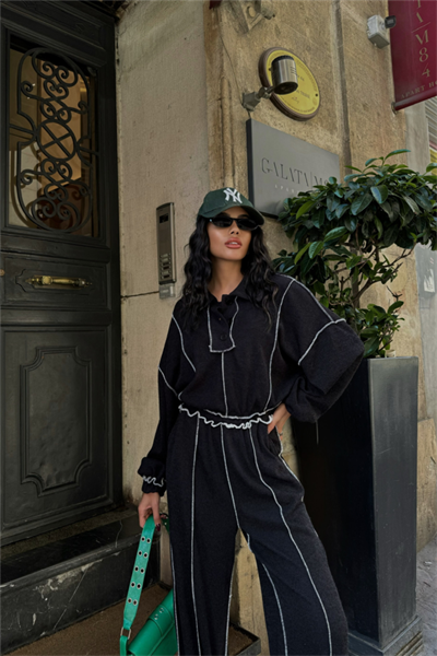 BİYELİ BLUZ PANTOLON TAKIM ŞÖNİL KUMAŞ - Siyah