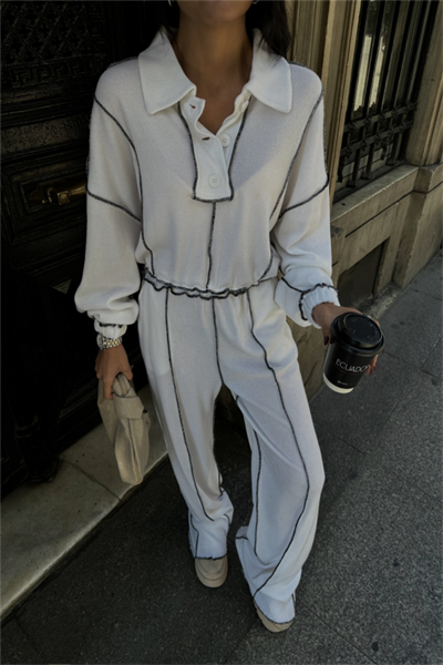 BİYELİ BLUZ PANTOLON TAKIM ŞÖNİL KUMAŞ - Beyaz