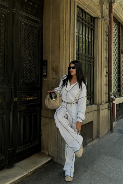 BİYELİ BLUZ PANTOLON TAKIM ŞÖNİL KUMAŞ - Beyaz