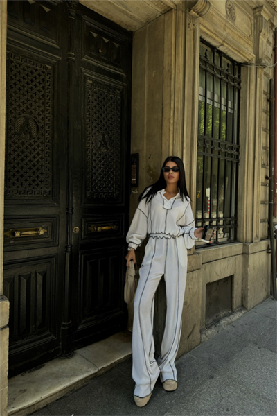 BİYELİ BLUZ PANTOLON TAKIM ŞÖNİL KUMAŞ - Beyaz