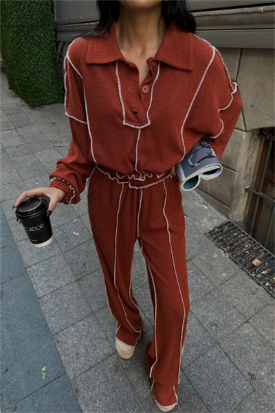 BİYELİ BLUZ PANTOLON TAKIM ŞÖNİL KUMAŞ - Kiremit