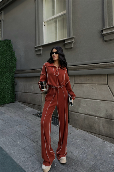 BİYELİ BLUZ PANTOLON TAKIM ŞÖNİL KUMAŞ - Kiremit