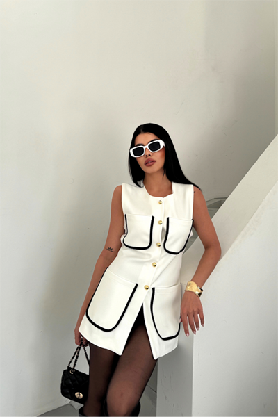 BÜYÜK CEP BİYE DETAYLI  YELEK - Beyaz