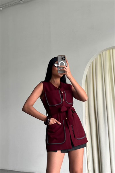 BÜYÜK CEP BİYE DETAYLI  YELEK - Bordo