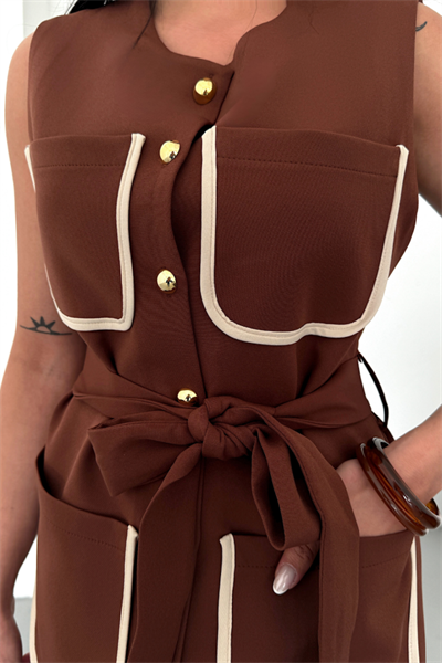 BÜYÜK CEP BİYE DETAYLI  YELEK - Kahverengi