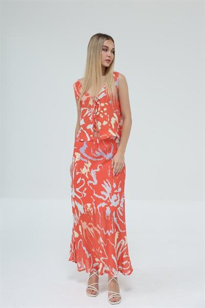 Bağcıklı Bluzlu Etek Takım - Kırmızı