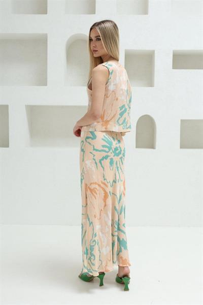 Bağcıklı Bluzlu Etek Takım - Pudra