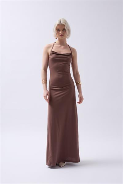 Bağlama Detay Degaje Yaka Maxi Elbise