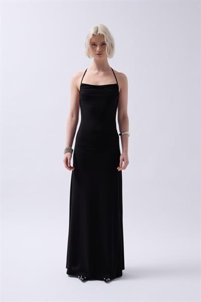 Bağlama Detay Degaje Yaka Maxi Elbise