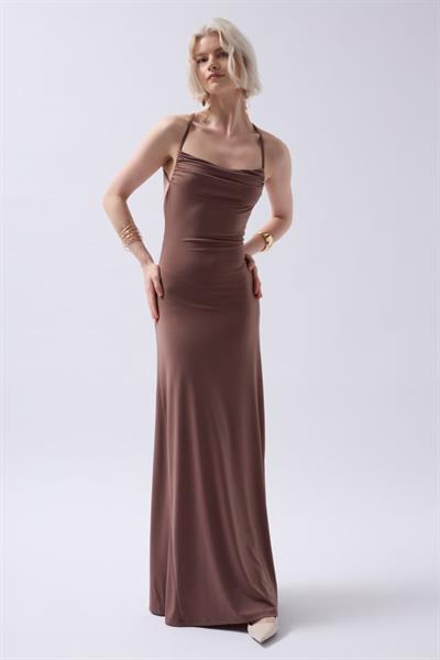 Bağlama Detay Degaje Yaka Maxi Elbise