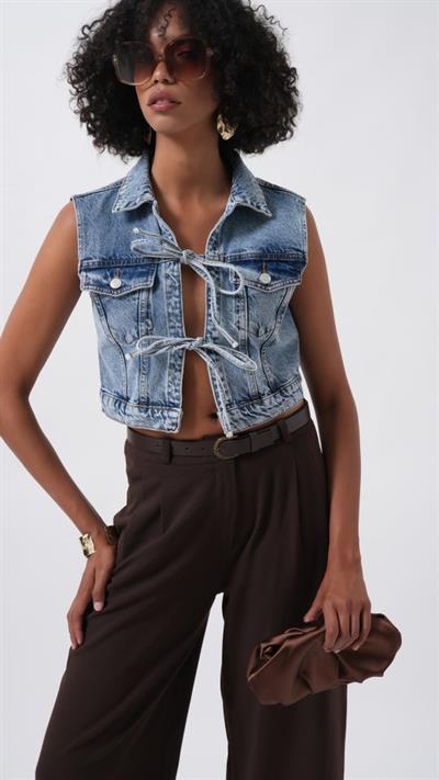 Bağlama Detay Denim Yelek